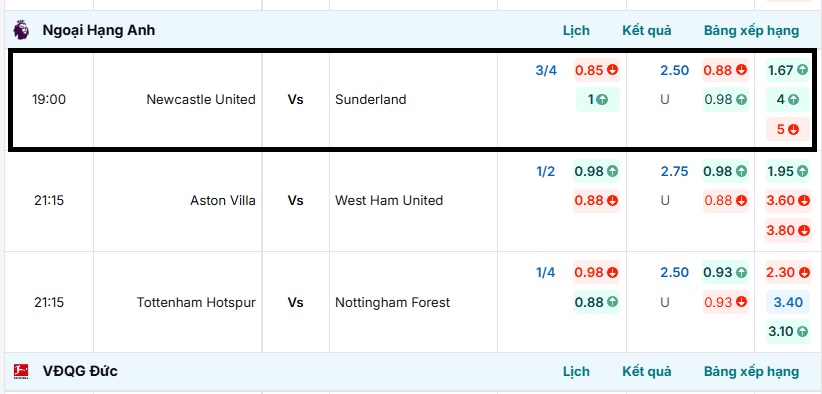 Bảng tỷ lệ kèo Newcastle United vs Sunderland A.F.C