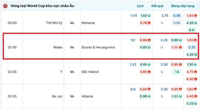 Bảng tỷ lệ kèo trận đấu Wales vs Bosnia & Herzegovina