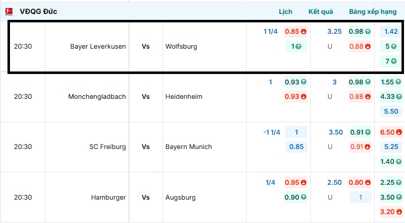 Tỷ lệ kèo trận đấu Bayer Leverkusen vs Wolfsburg