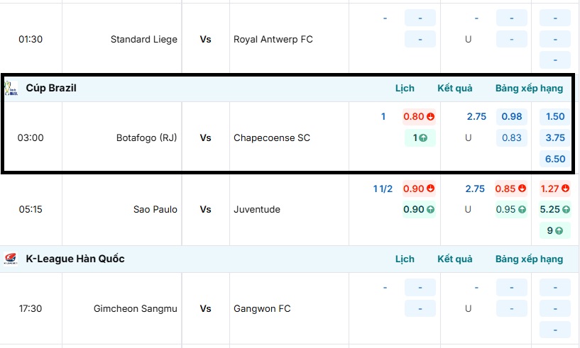 Bảng tỷ lệ kèo trận đấu Botafogo (RJ) vs Chapecoense SC