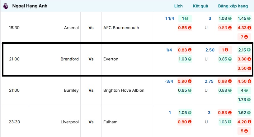 Bảng tỷ lệ trận đấu Brentford vs Everton