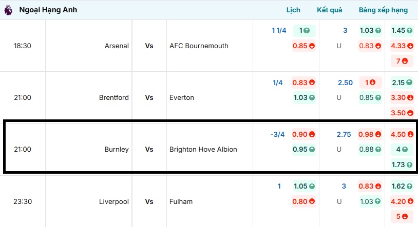Tỷ lệ kèo trận đấu Burnley vs Brighton Hove Albion